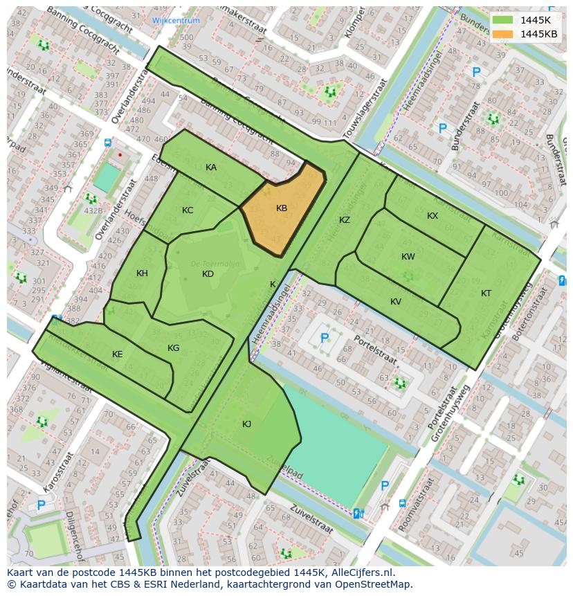 Afbeelding van het postcodegebied 1445 KB op de kaart.