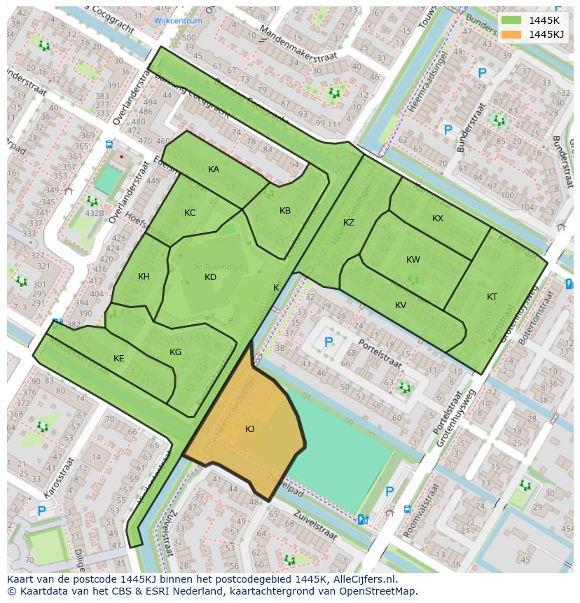 Afbeelding van het postcodegebied 1445 KJ op de kaart.