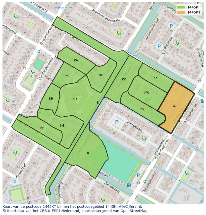 Afbeelding van het postcodegebied 1445 KT op de kaart.
