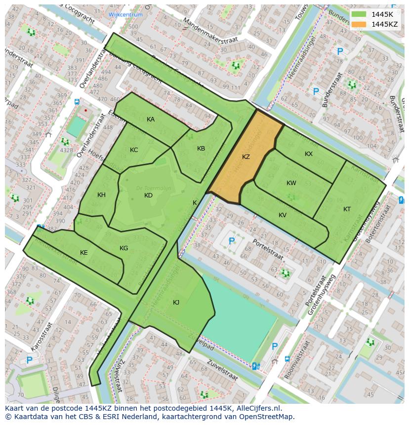 Afbeelding van het postcodegebied 1445 KZ op de kaart.