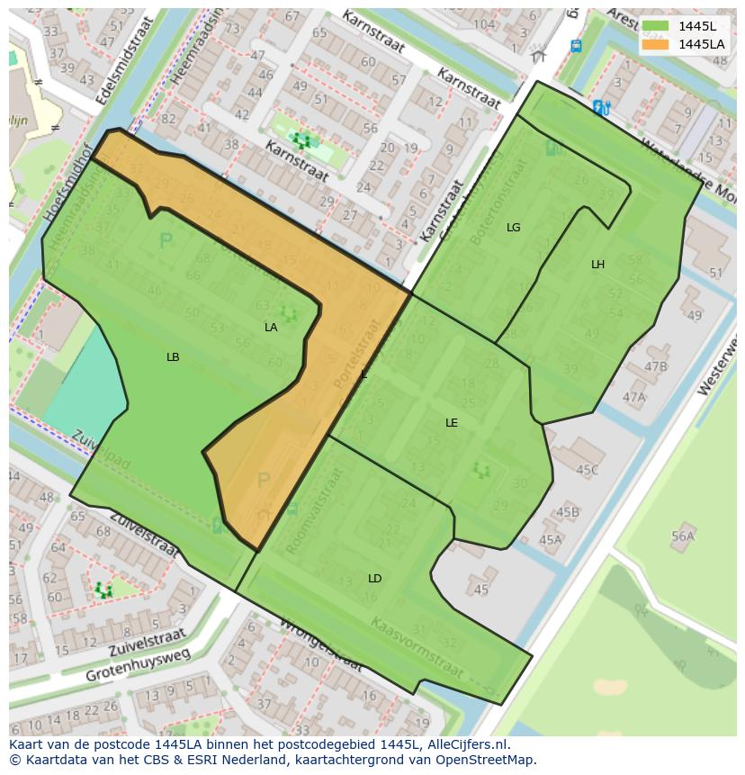 Afbeelding van het postcodegebied 1445 LA op de kaart.