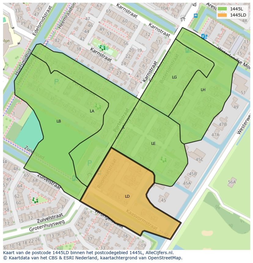 Afbeelding van het postcodegebied 1445 LD op de kaart.
