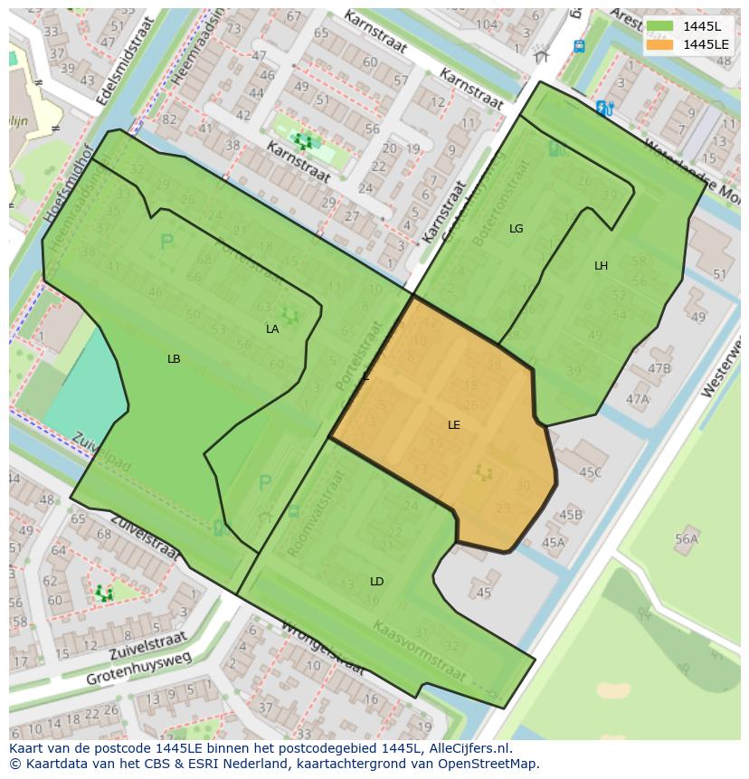 Afbeelding van het postcodegebied 1445 LE op de kaart.