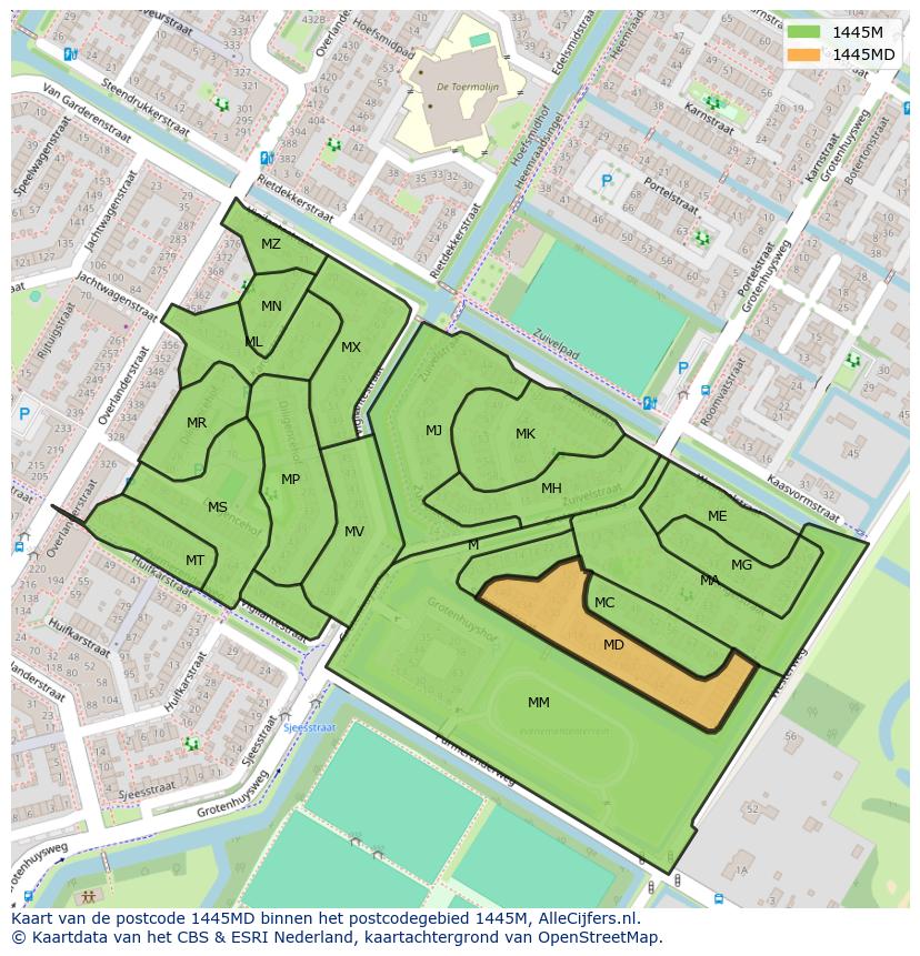 Afbeelding van het postcodegebied 1445 MD op de kaart.