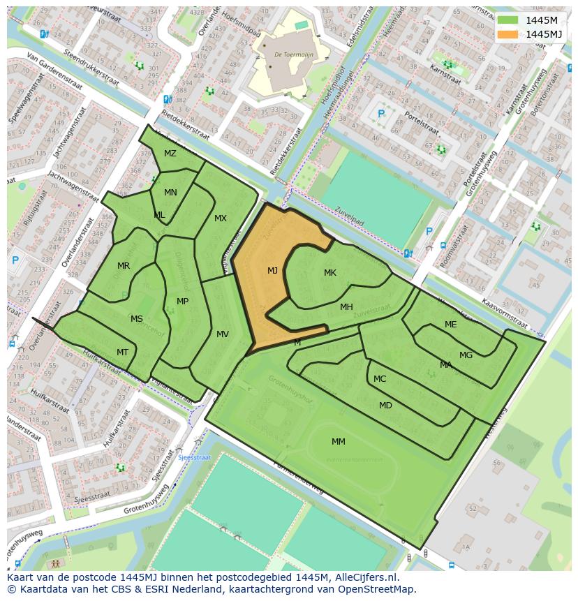Afbeelding van het postcodegebied 1445 MJ op de kaart.