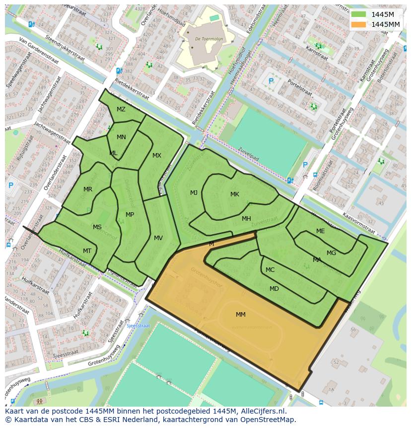 Afbeelding van het postcodegebied 1445 MM op de kaart.