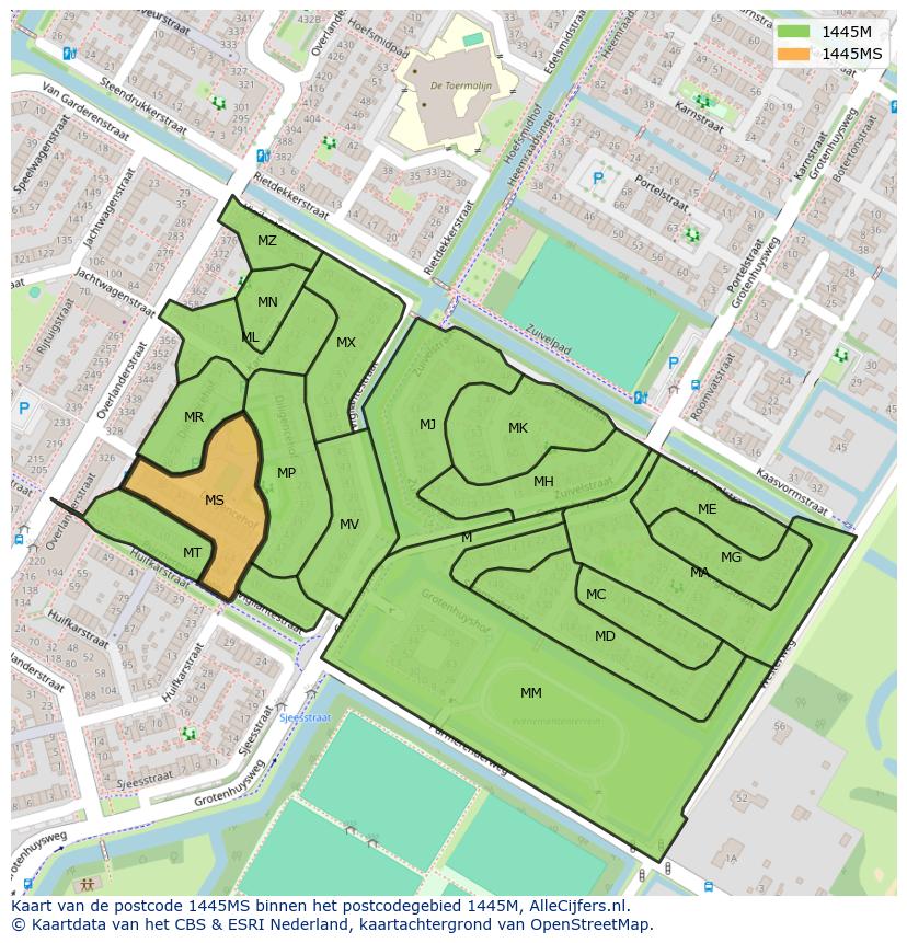 Afbeelding van het postcodegebied 1445 MS op de kaart.