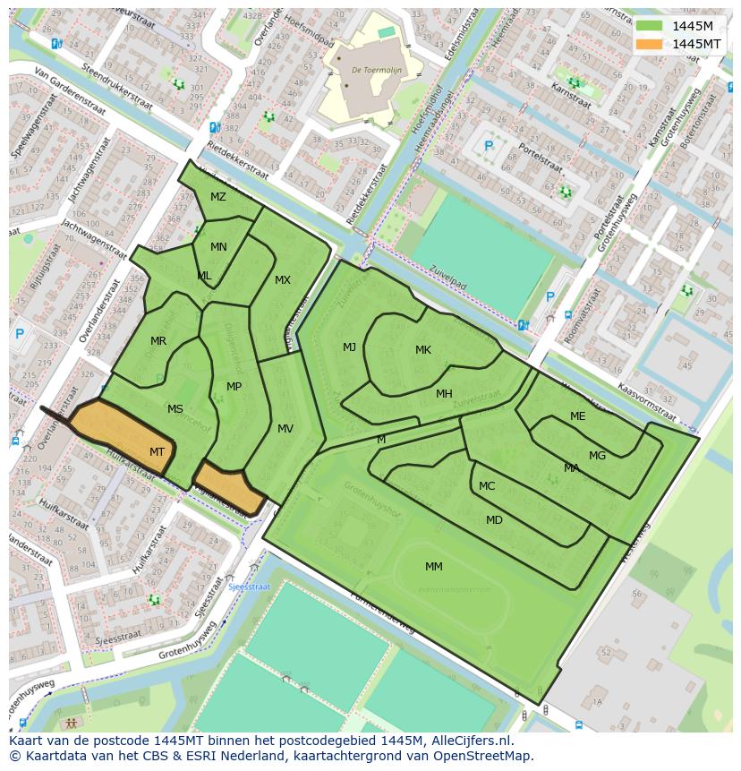 Afbeelding van het postcodegebied 1445 MT op de kaart.
