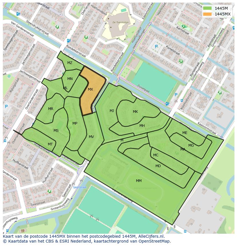 Afbeelding van het postcodegebied 1445 MX op de kaart.