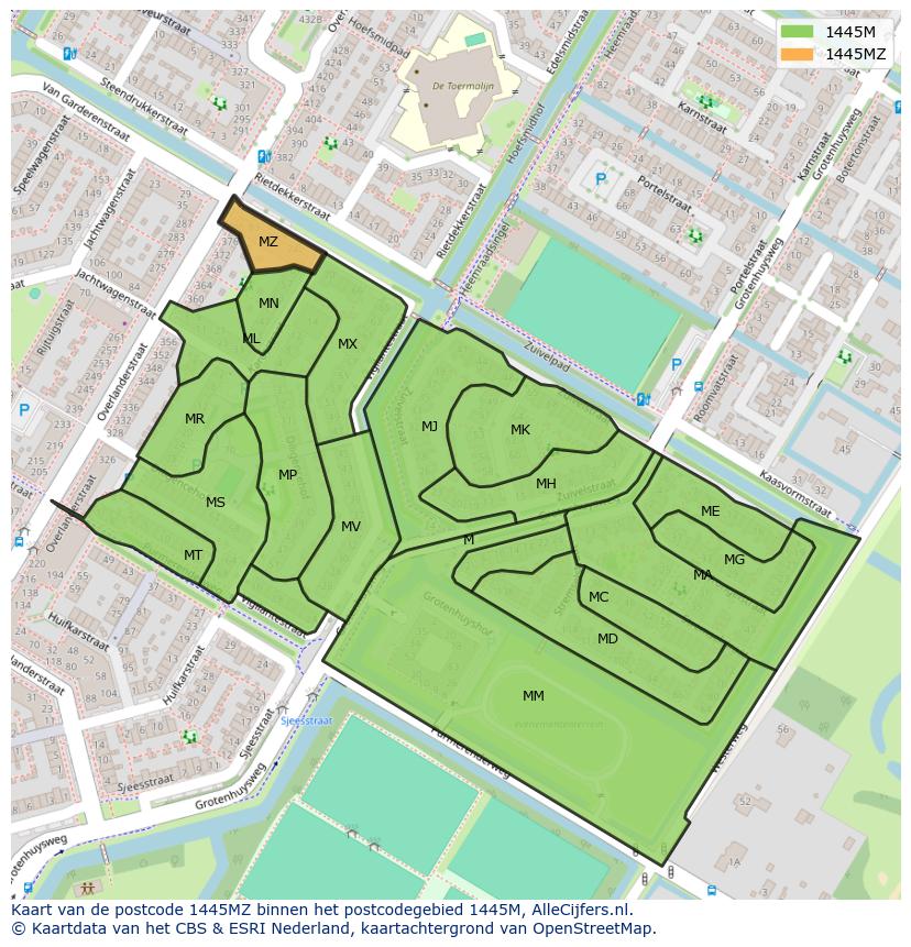 Afbeelding van het postcodegebied 1445 MZ op de kaart.