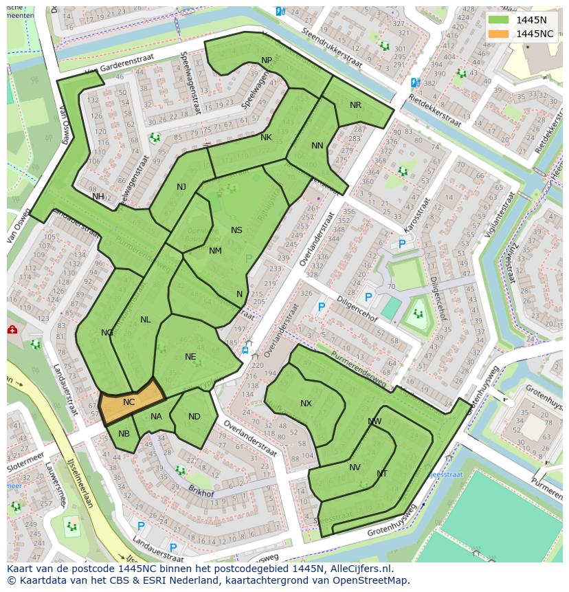 Afbeelding van het postcodegebied 1445 NC op de kaart.