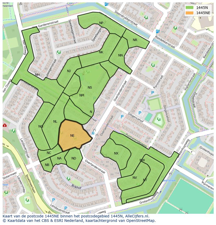 Afbeelding van het postcodegebied 1445 NE op de kaart.