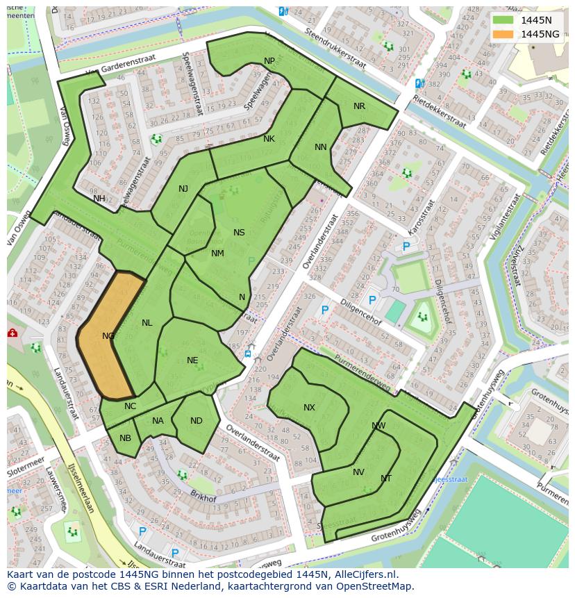 Afbeelding van het postcodegebied 1445 NG op de kaart.
