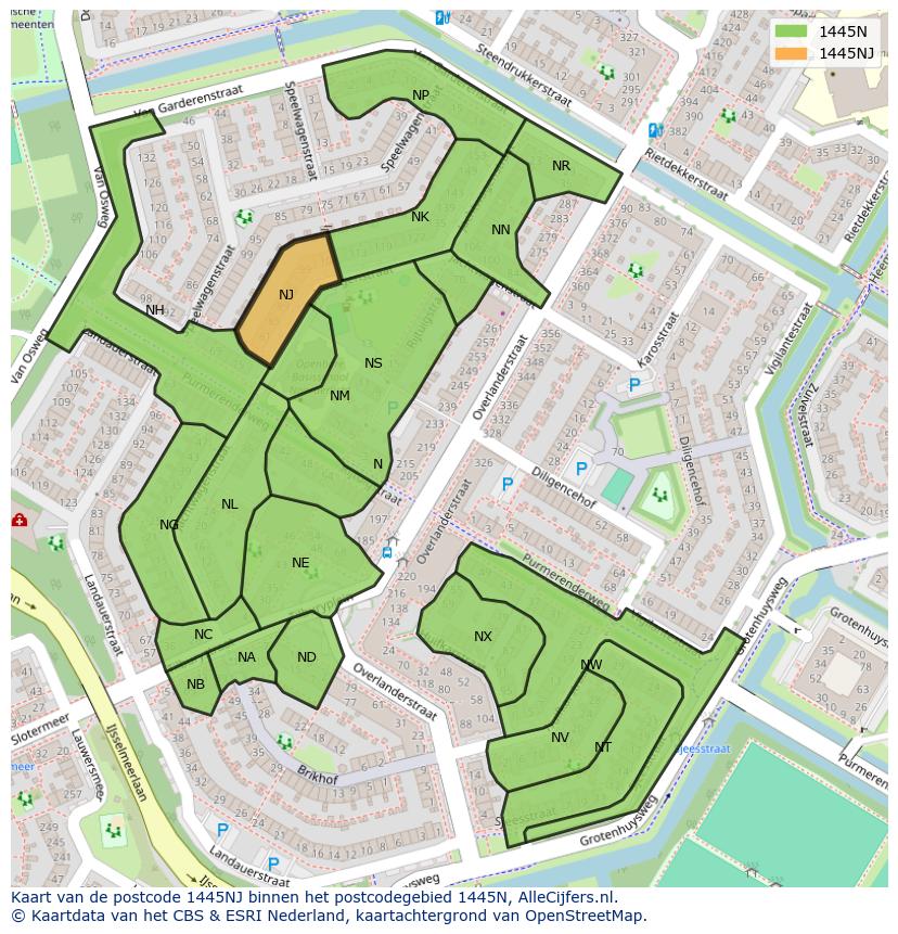 Afbeelding van het postcodegebied 1445 NJ op de kaart.