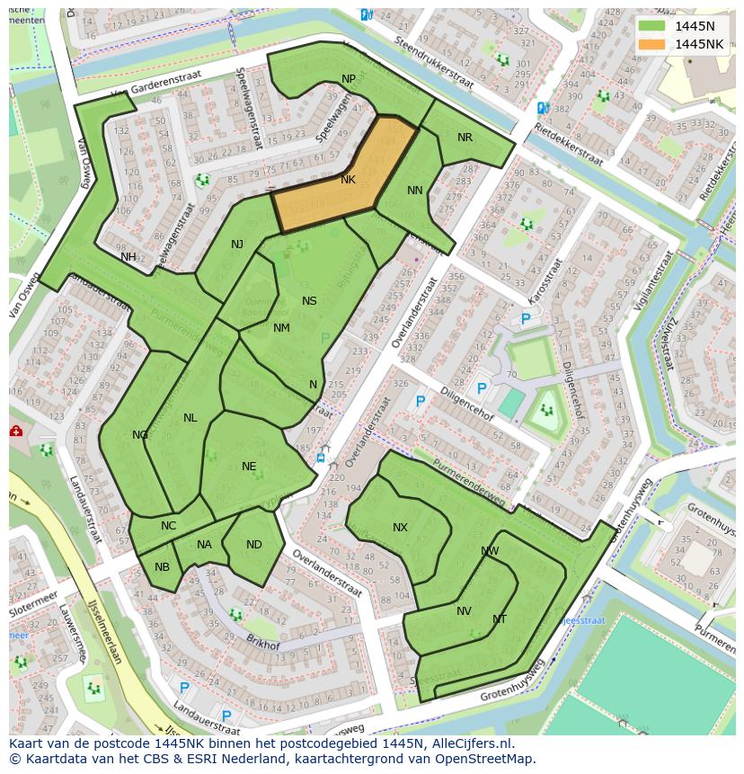 Afbeelding van het postcodegebied 1445 NK op de kaart.
