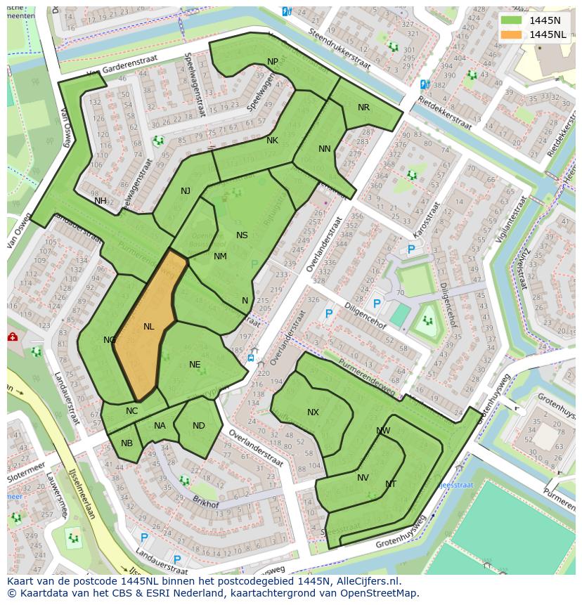 Afbeelding van het postcodegebied 1445 NL op de kaart.
