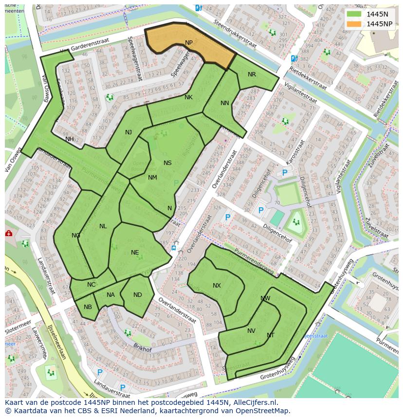 Afbeelding van het postcodegebied 1445 NP op de kaart.