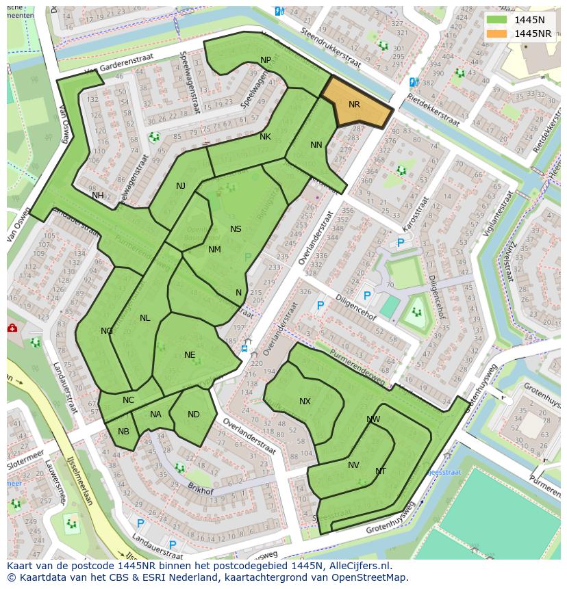 Afbeelding van het postcodegebied 1445 NR op de kaart.