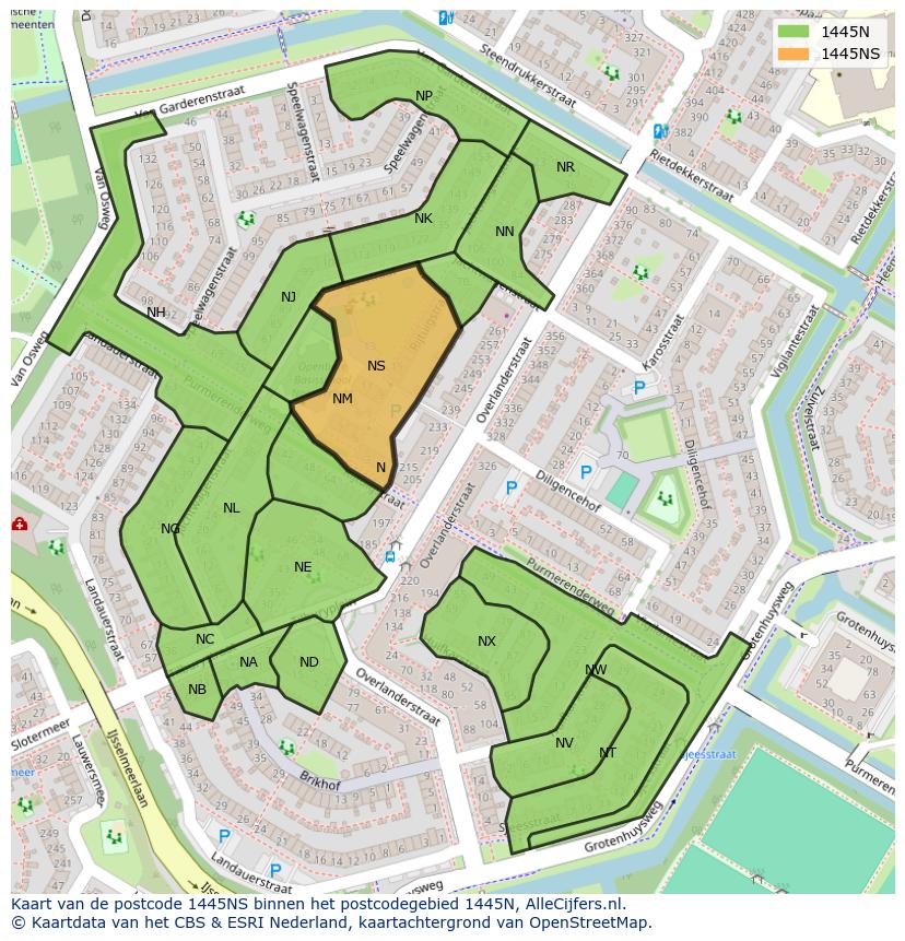 Afbeelding van het postcodegebied 1445 NS op de kaart.