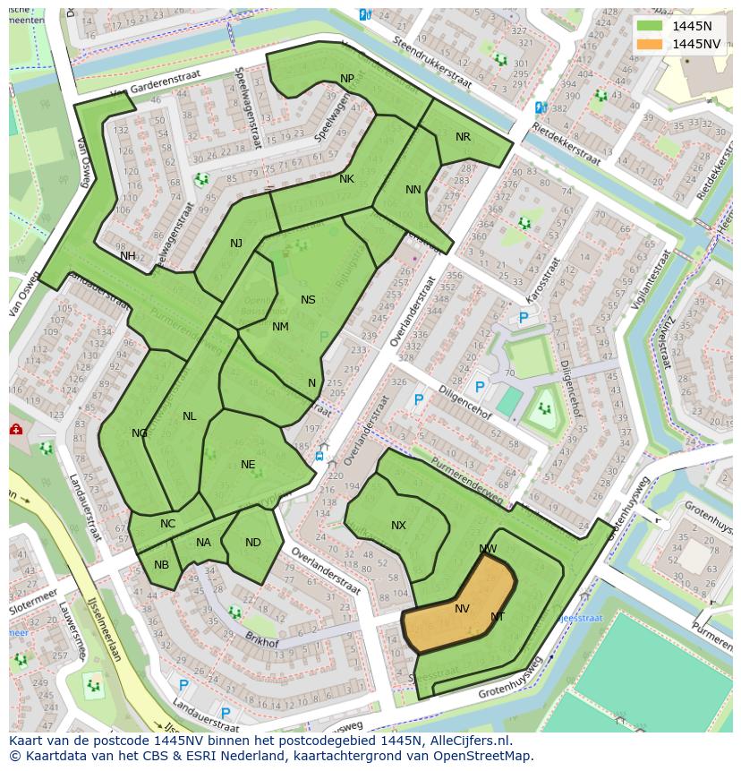 Afbeelding van het postcodegebied 1445 NV op de kaart.