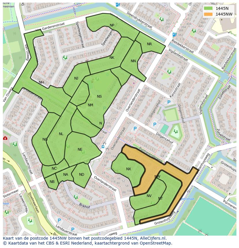 Afbeelding van het postcodegebied 1445 NW op de kaart.