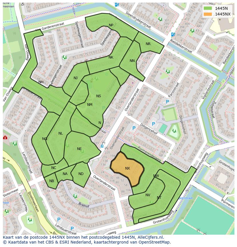 Afbeelding van het postcodegebied 1445 NX op de kaart.