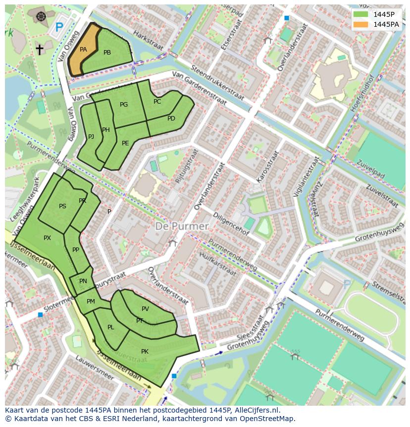 Afbeelding van het postcodegebied 1445 PA op de kaart.