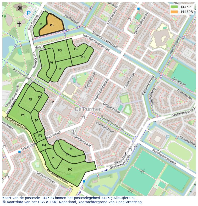 Afbeelding van het postcodegebied 1445 PB op de kaart.
