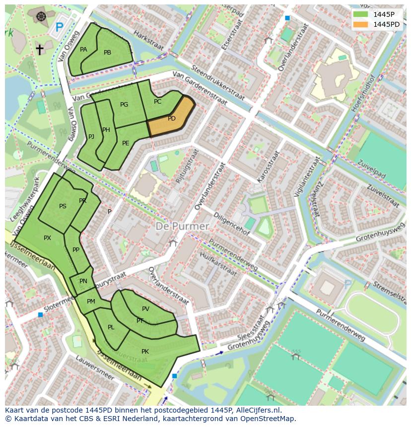 Afbeelding van het postcodegebied 1445 PD op de kaart.