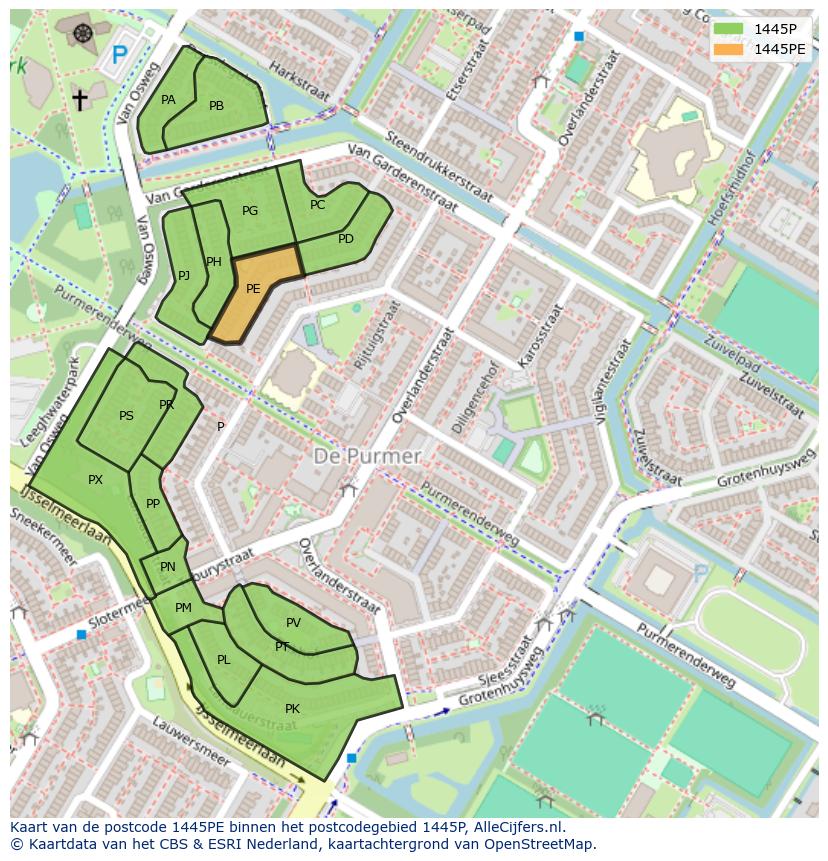 Afbeelding van het postcodegebied 1445 PE op de kaart.
