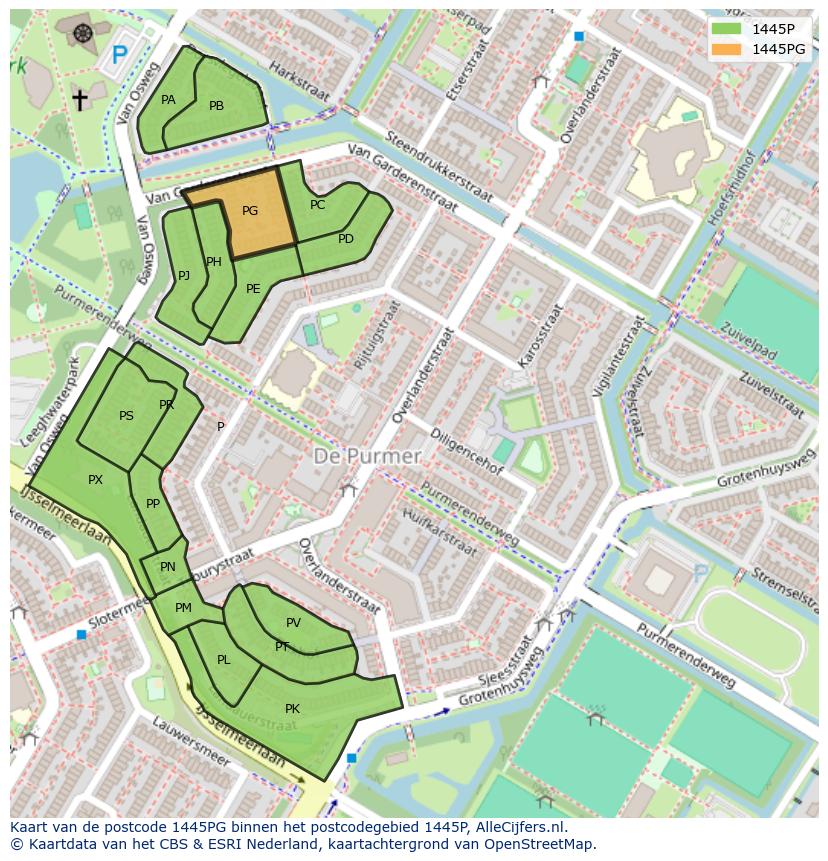 Afbeelding van het postcodegebied 1445 PG op de kaart.