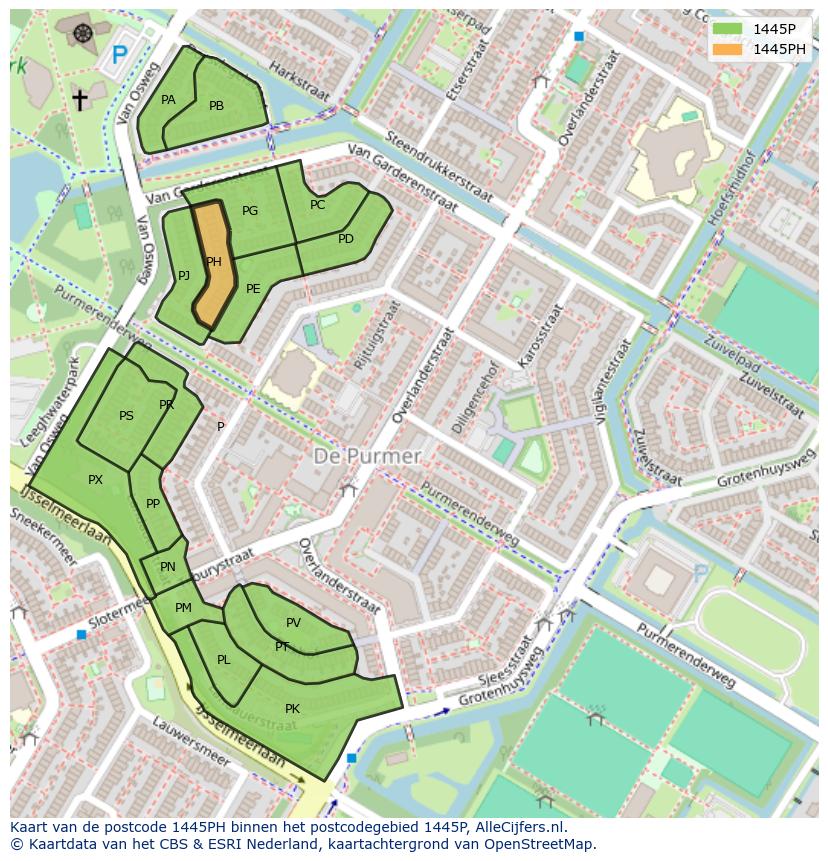 Afbeelding van het postcodegebied 1445 PH op de kaart.