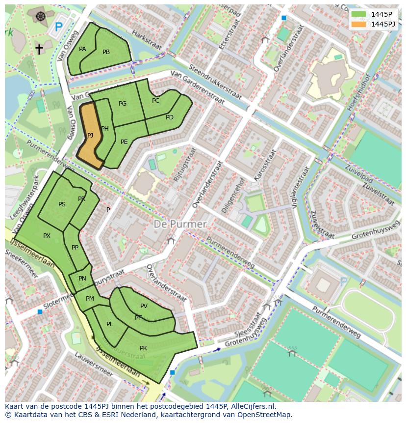 Afbeelding van het postcodegebied 1445 PJ op de kaart.