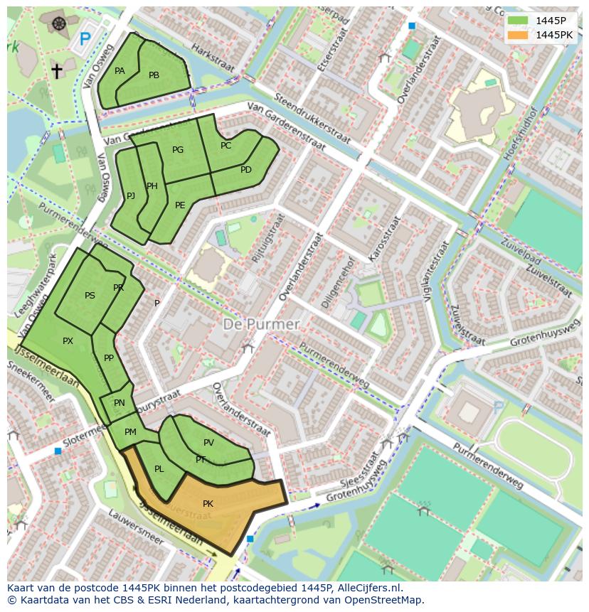 Afbeelding van het postcodegebied 1445 PK op de kaart.