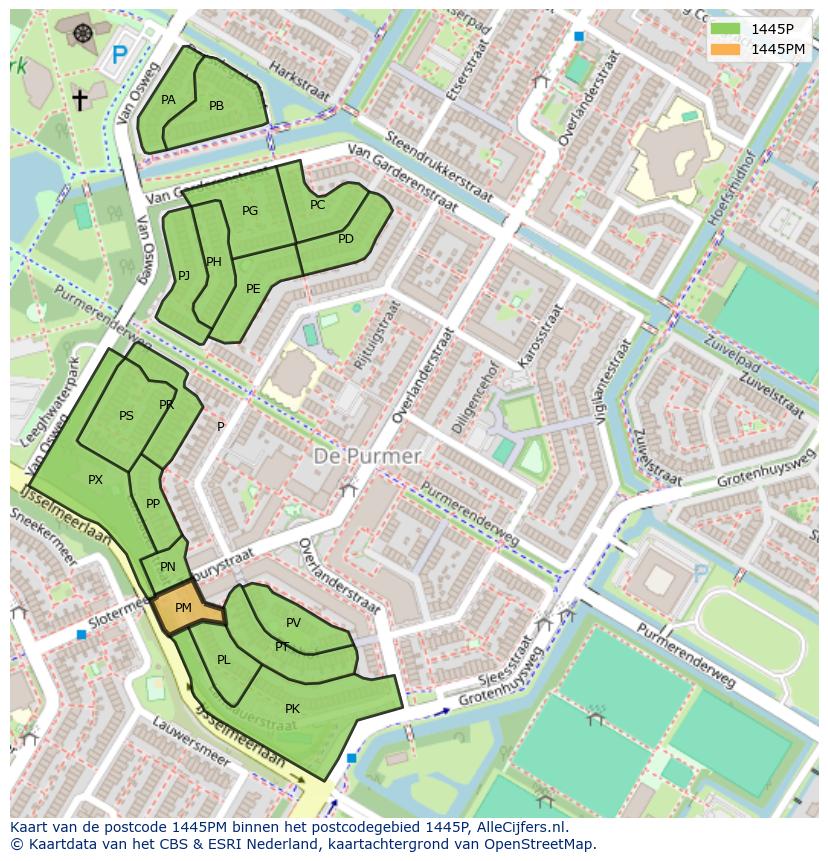 Afbeelding van het postcodegebied 1445 PM op de kaart.