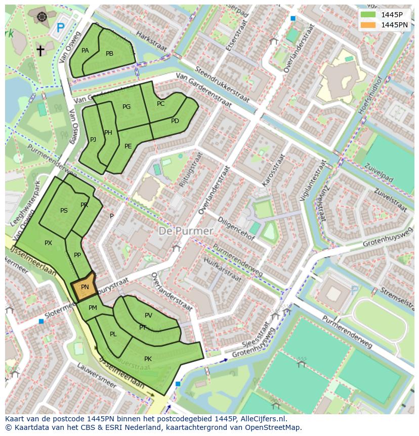 Afbeelding van het postcodegebied 1445 PN op de kaart.