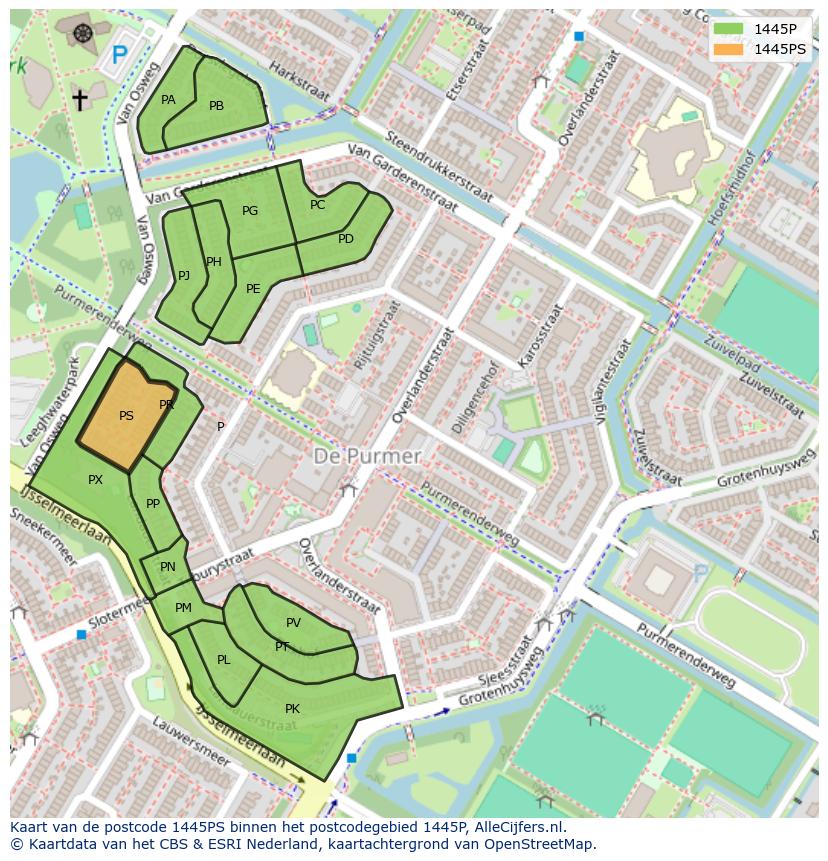 Afbeelding van het postcodegebied 1445 PS op de kaart.