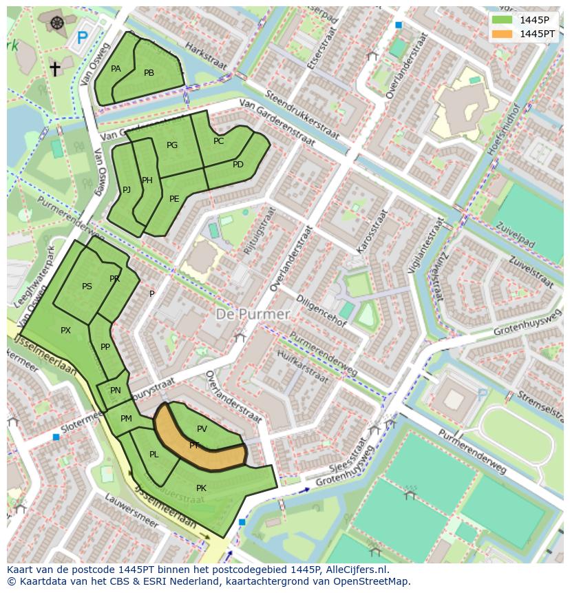 Afbeelding van het postcodegebied 1445 PT op de kaart.
