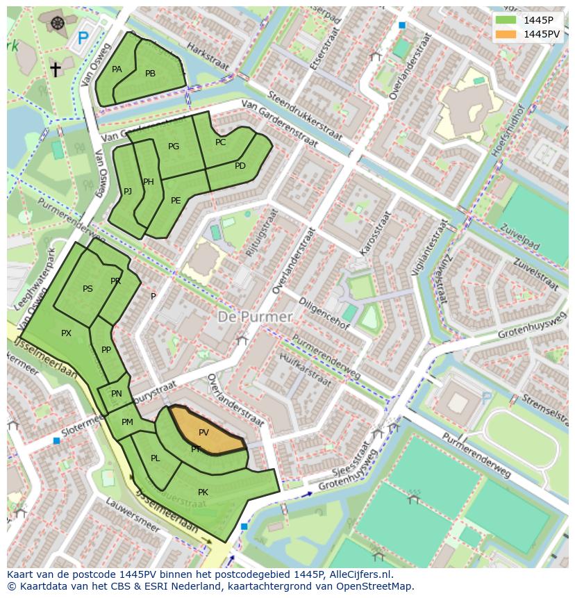 Afbeelding van het postcodegebied 1445 PV op de kaart.