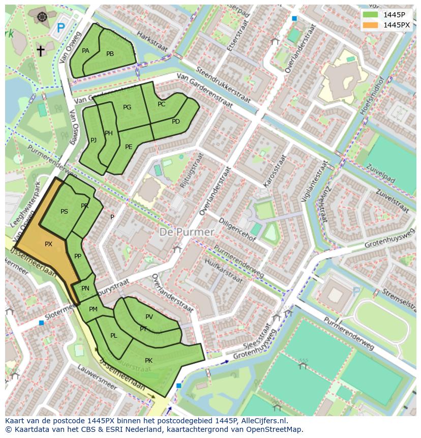 Afbeelding van het postcodegebied 1445 PX op de kaart.