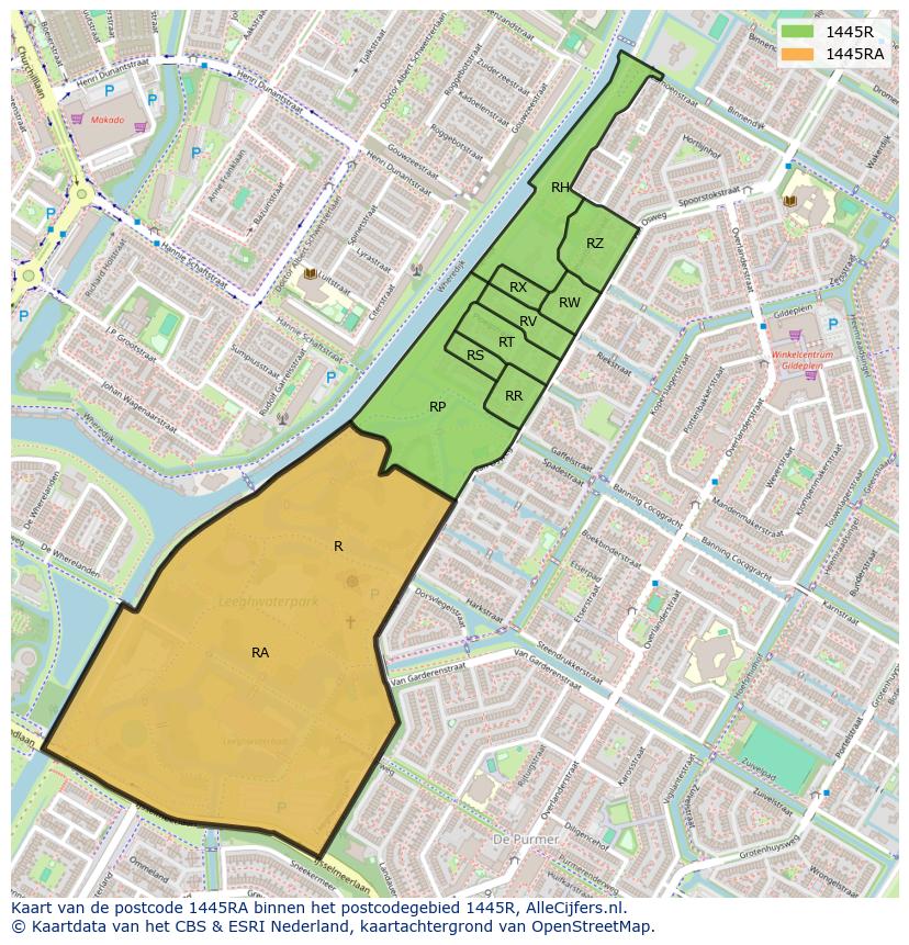 Afbeelding van het postcodegebied 1445 RA op de kaart.