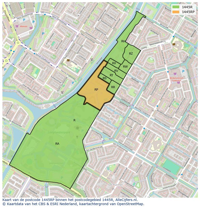 Afbeelding van het postcodegebied 1445 RP op de kaart.