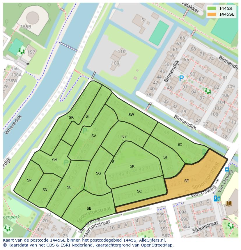 Afbeelding van het postcodegebied 1445 SE op de kaart.