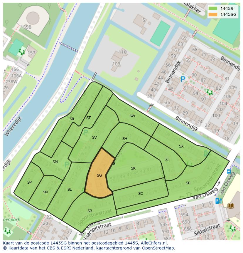 Afbeelding van het postcodegebied 1445 SG op de kaart.