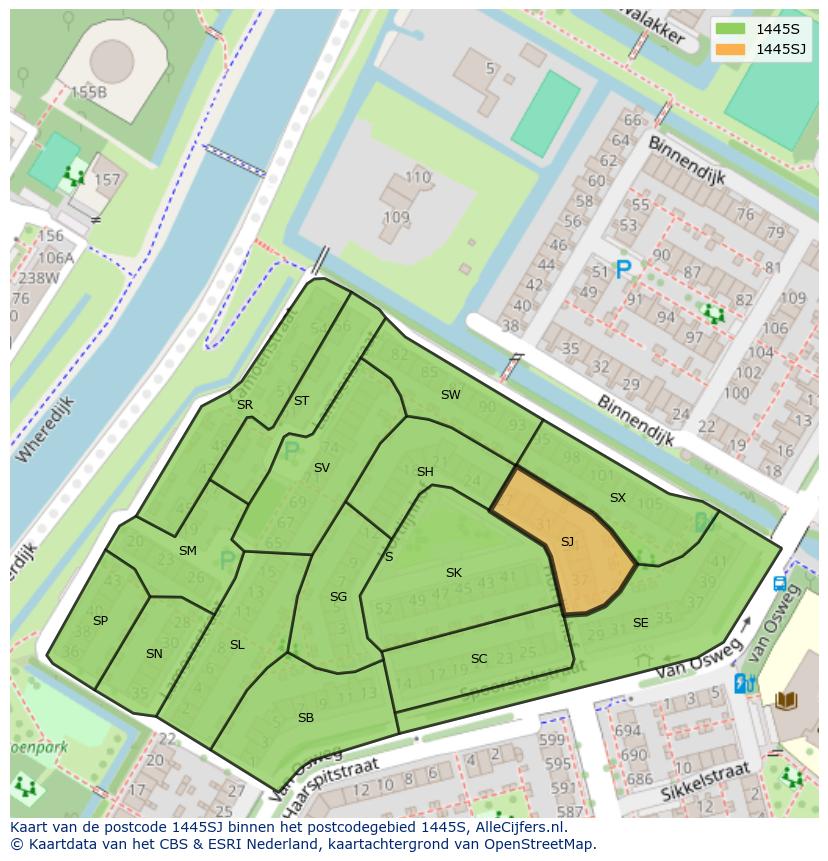 Afbeelding van het postcodegebied 1445 SJ op de kaart.