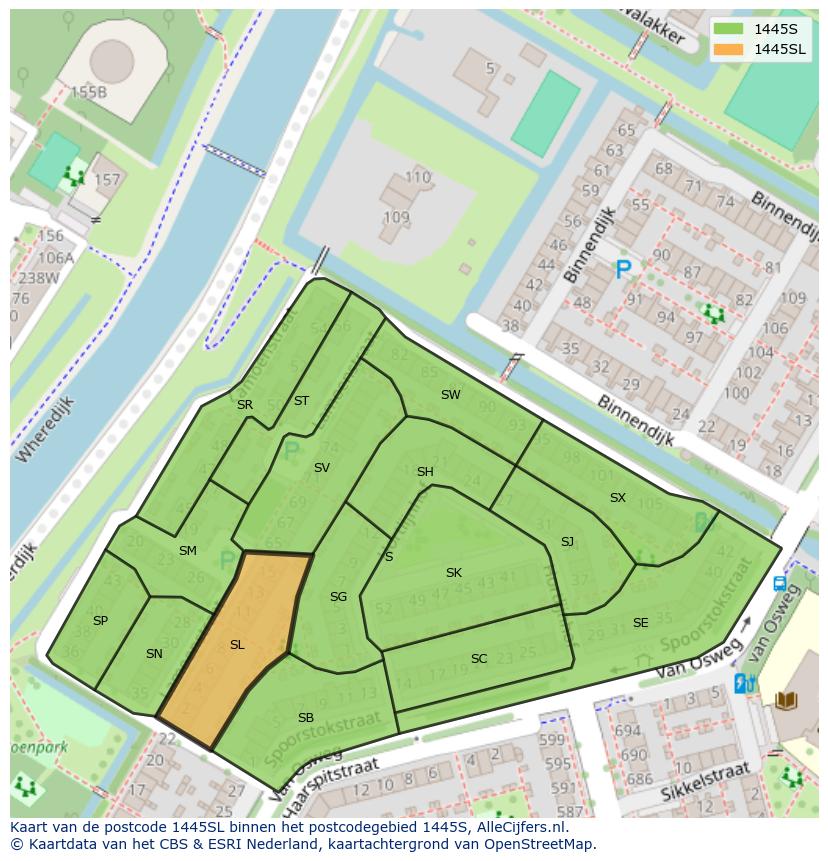Afbeelding van het postcodegebied 1445 SL op de kaart.