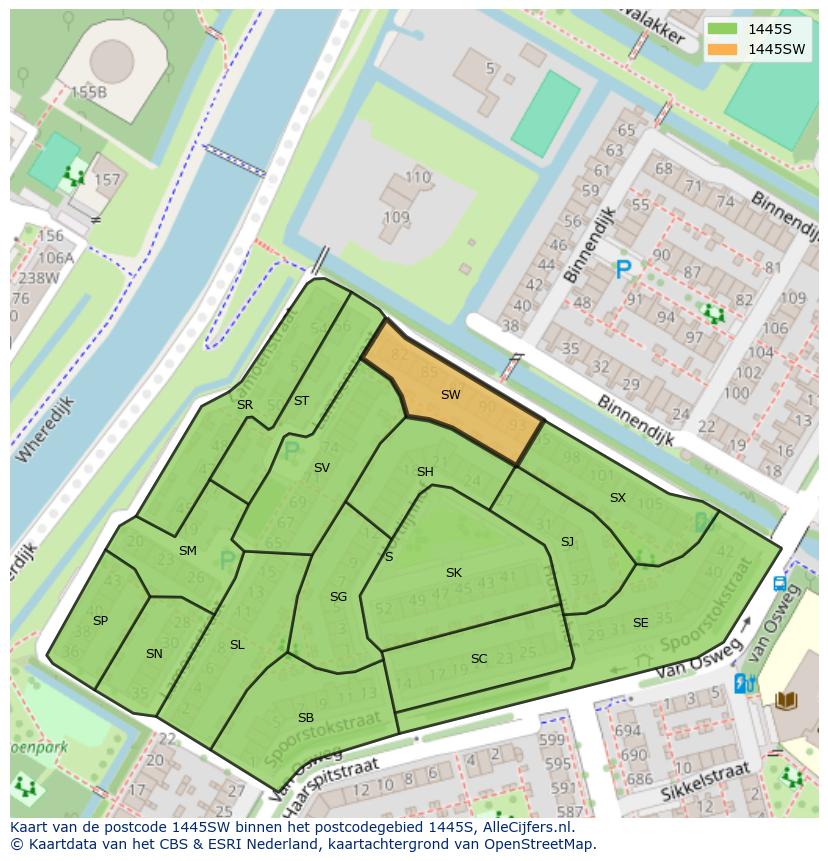 Afbeelding van het postcodegebied 1445 SW op de kaart.