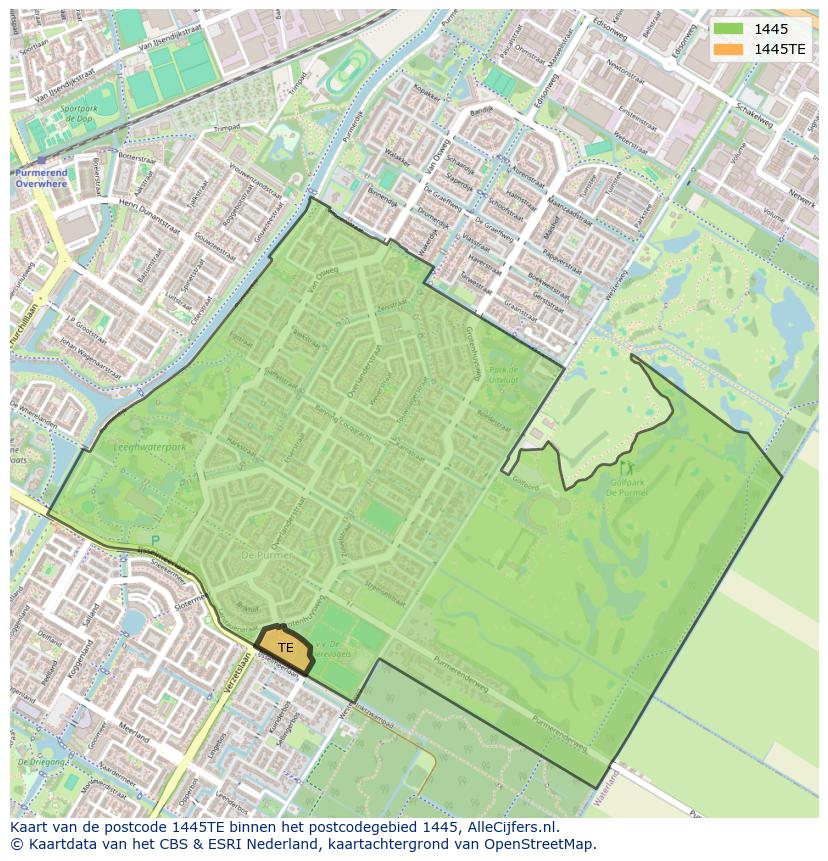 Afbeelding van het postcodegebied 1445 TE op de kaart.