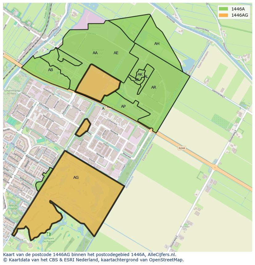 Afbeelding van het postcodegebied 1446 AG op de kaart.