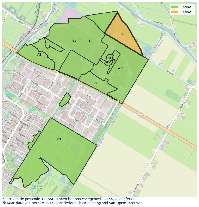 Afbeelding van het postcodegebied 1446 AH op de kaart.